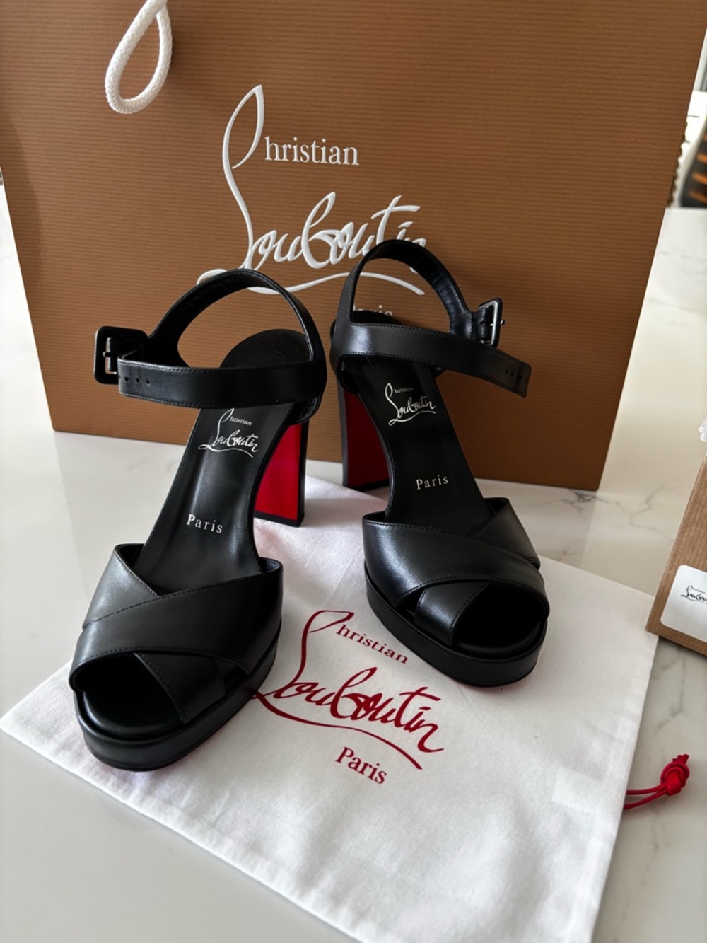 Christian Louboutin Black Leather Ankle-Strap Platform Heels w/ Red Sole - Cora